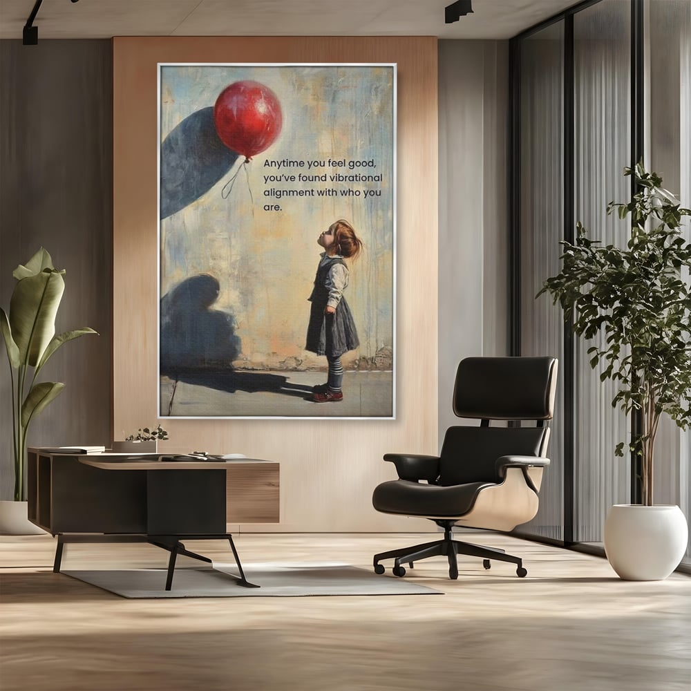 Tablou canvas cu tablou canvas cu fetita si balon rosu, in rama de aluminiu argintiu, pe perete intr-un birou